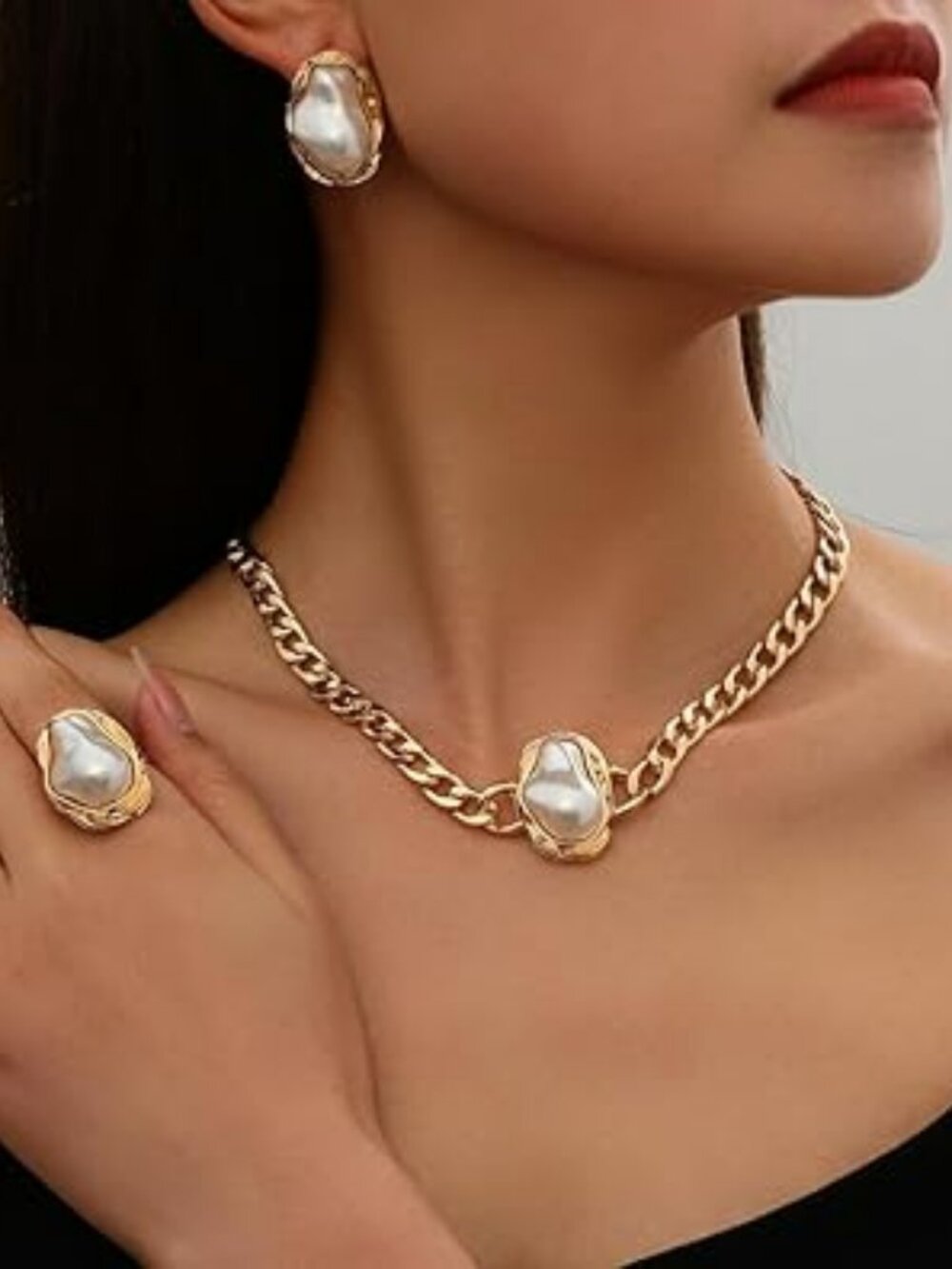 New 4 Pc Chunky Gold Baroque Pearl Jewelry Exquisite Necklace Earrings Ring